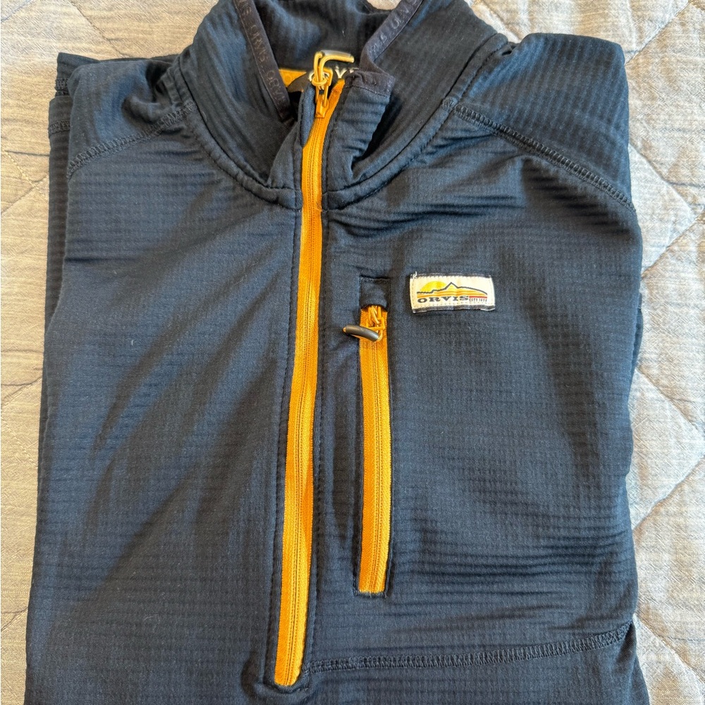 Orvis navy quarter zip orange trim